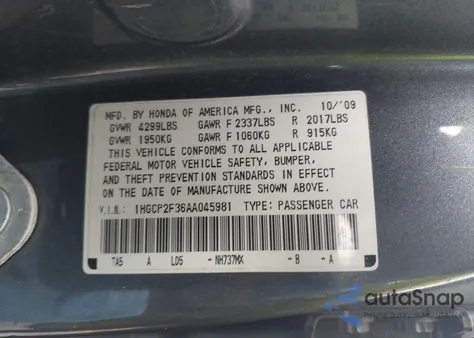 2010 Honda Accord 2.4 Lx z USA, uszkodzony, nr VIN 1HGCP2F36AA045981
